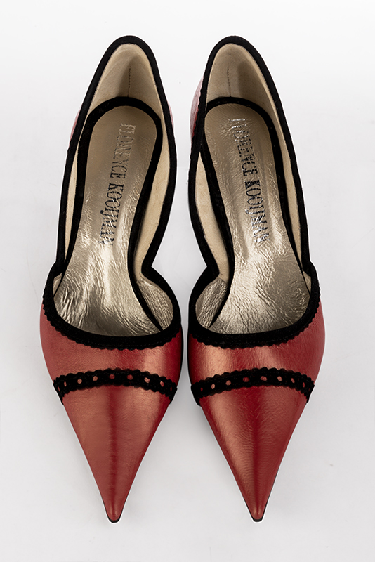 Cardinal red and matt black women's open arch dress pumps. Pointed toe. Medium spool heels. Top view - Florence KOOIJMAN
